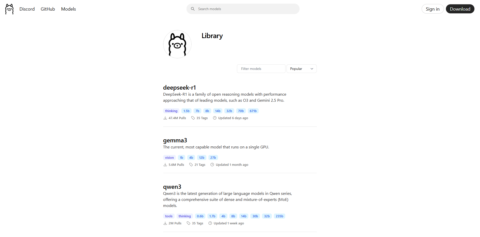 The Ollama website.