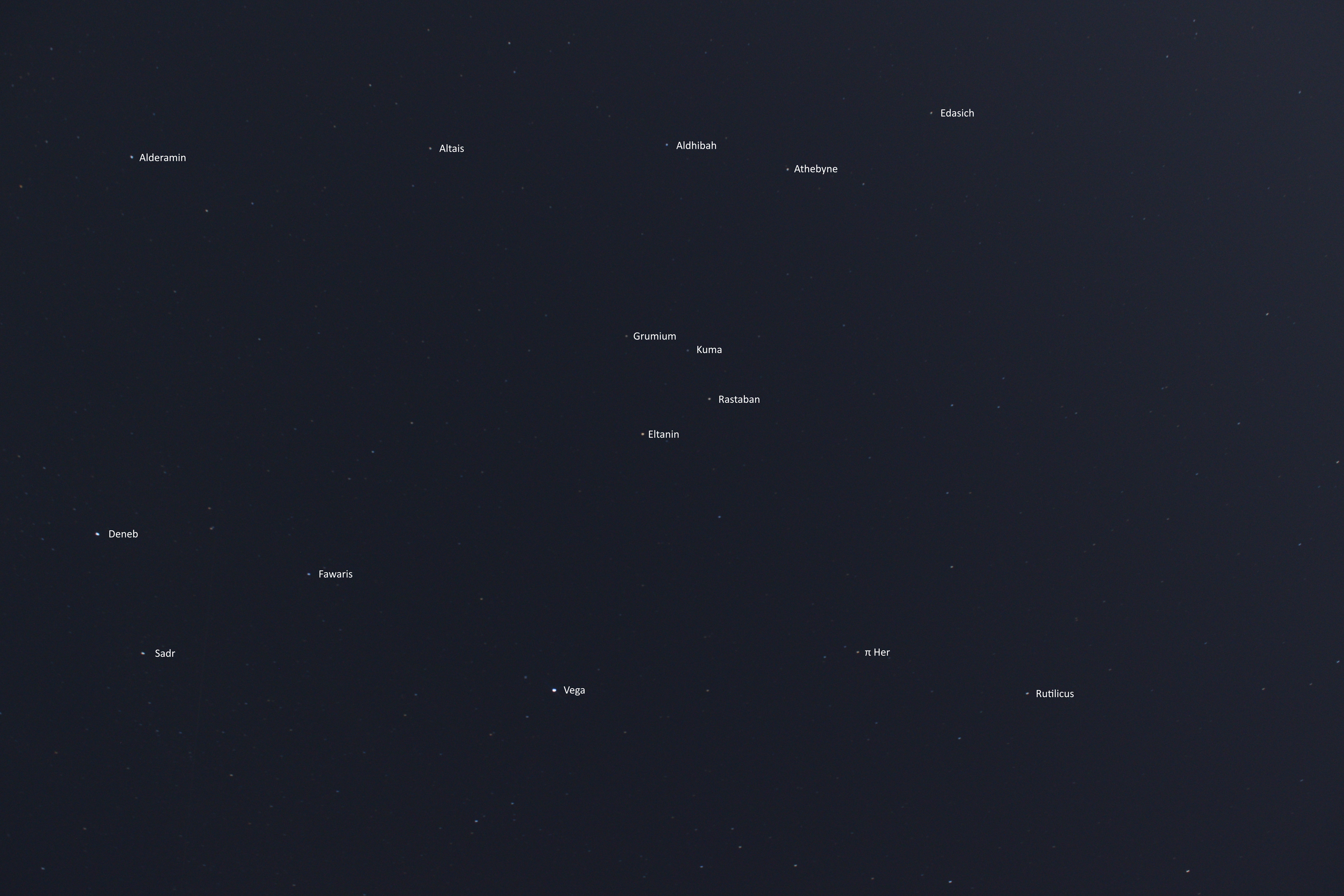 A photo I took of the night sky, labelling all the stars I could spot with Stellarium.